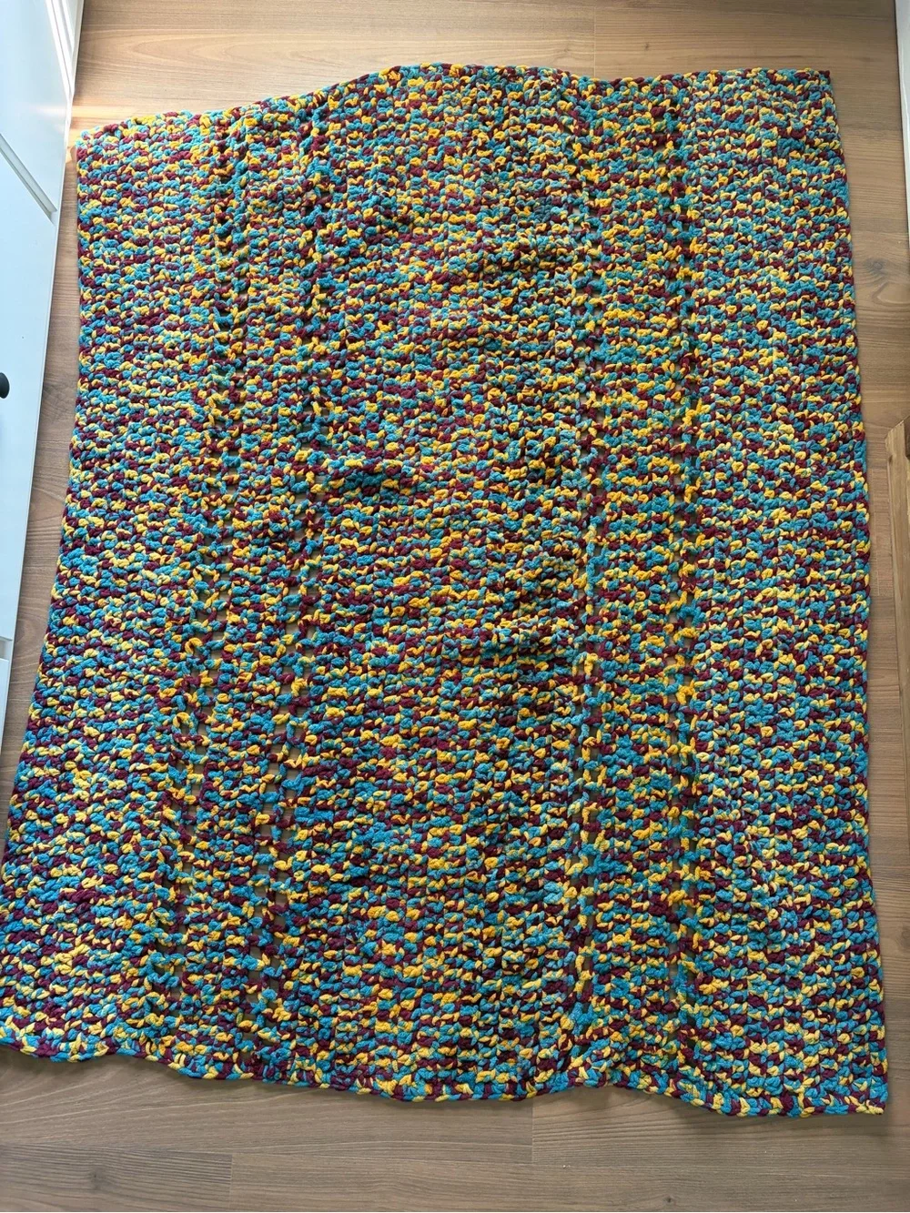 Handmade Chunky Knit Throw Blanket Crochet Plush Chenille Teal Burgundy Gold